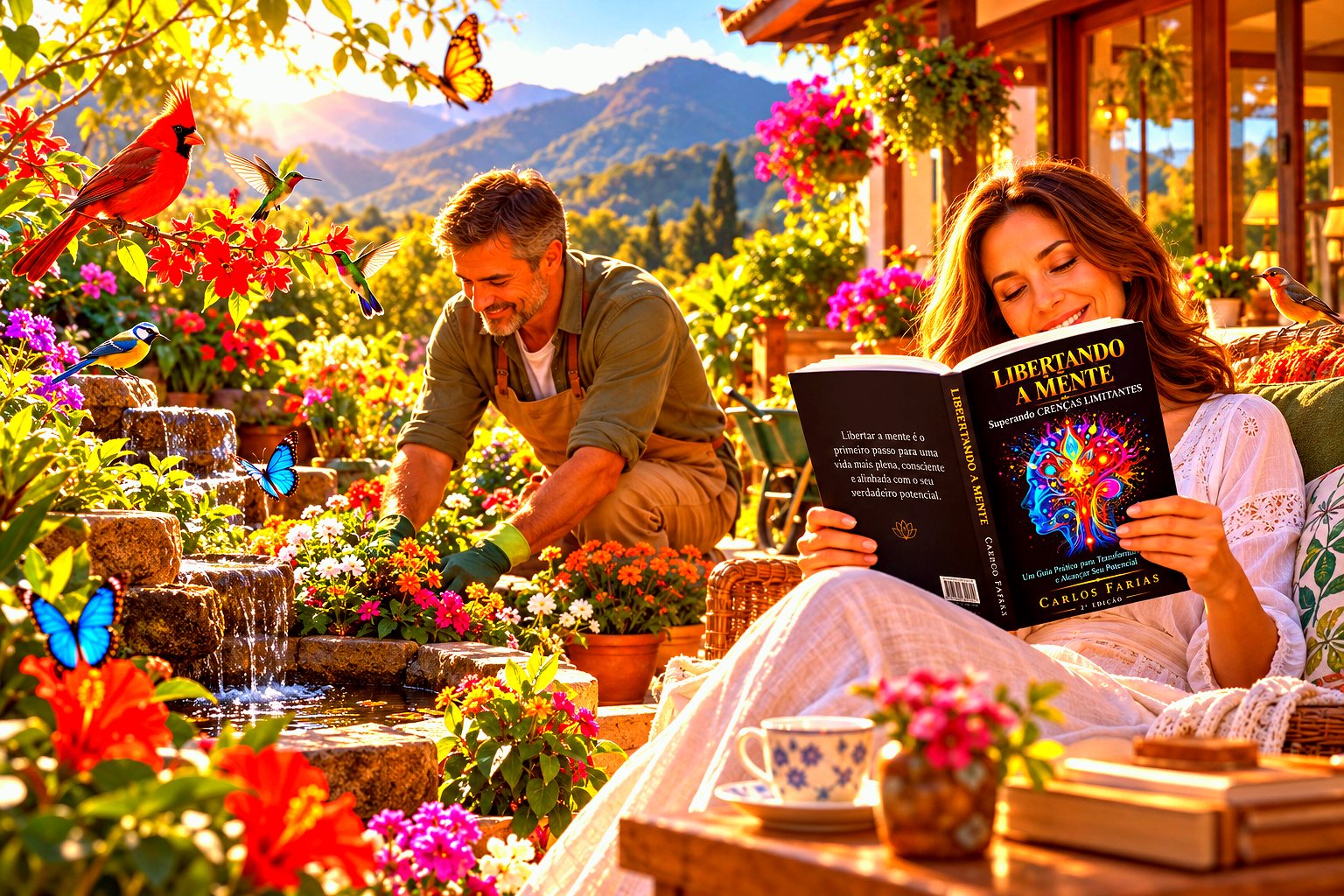 Ilustração gerada por computador de uma jovem lendo um livro em um jardim florido enquanto outra pessoa cuida das plantas