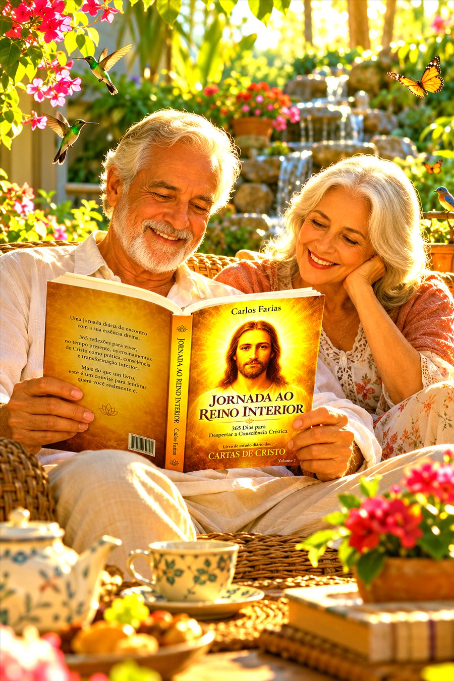 Ilustração gerada por computador de um casal lendo junto em um jardim